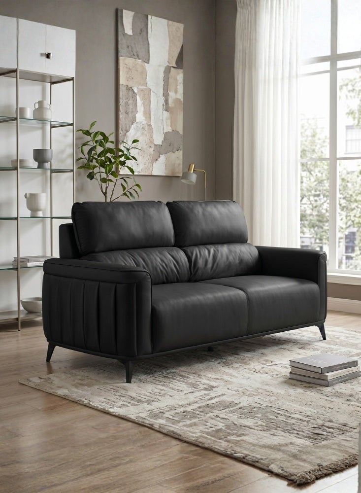 Karnak Bharata Modern 2 Seater Sofa with Plush Cushioned Seat & Backrest | Leather Sofa with Contoured Armrests & Elevated Legs for Living Room Furniture (Black) - Image 1