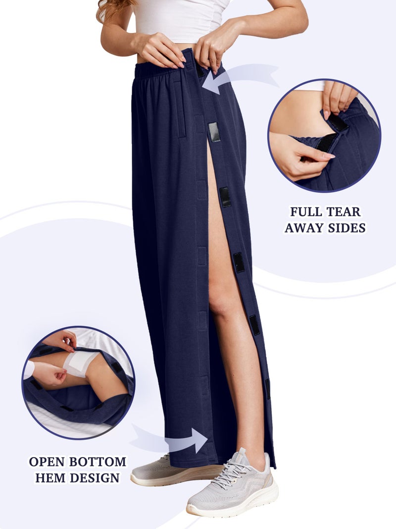 Deyeek Womens Tearaway Pants After Hip Knee Surgery Breakaway Pants Disabled Elderly Bedridden Cotton Sweatpants with Pockets M Navy Blue - Image 4