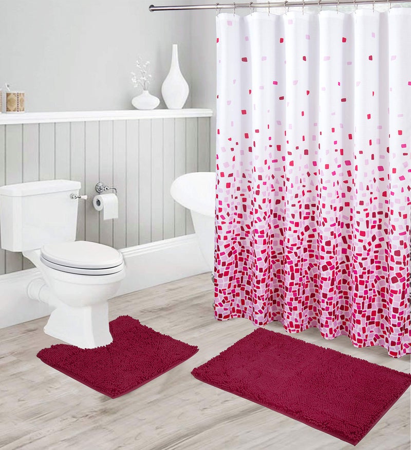 Chenille Soft Rug AntiSlip Bath Set Includes Bath Mat Contour Mat Shower Curtain and Stainless Steel Roller Ball Hooks New  Jasmine Burgundy
