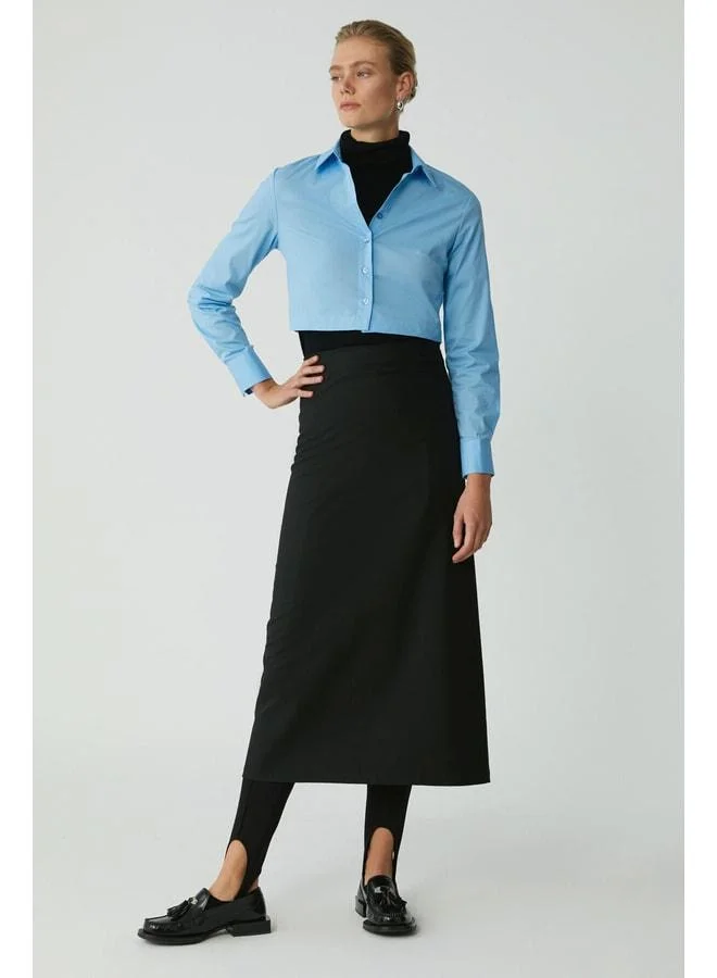 Ethiquet Sıntıa Women's Slim Fit Narrow Cut Body-Hugging Lined Poplin Crop Blue Shirt.