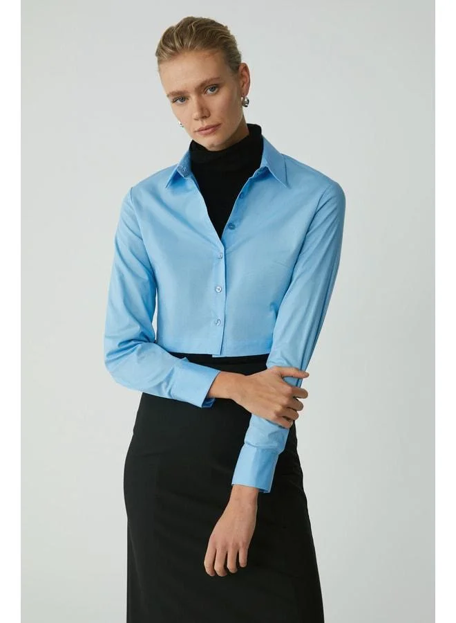 Ethiquet Sıntıa Women's Slim Fit Narrow Cut Body-Hugging Lined Poplin Crop Blue Shirt.