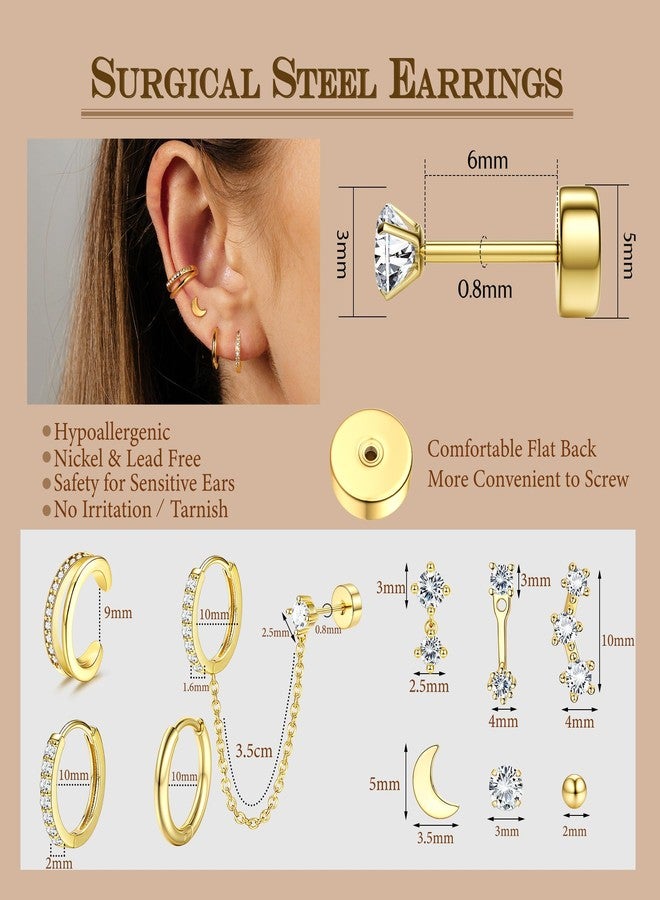 Florideco Small Gold Earrings for Women Hypoallergenic 20G Surgical Stainless Steel Flat Back Stud Earrings Dainty Stackable Earring Stacks Hoop Cartilage Earring Sets for Multiple Piercing, Stainless - Image 4