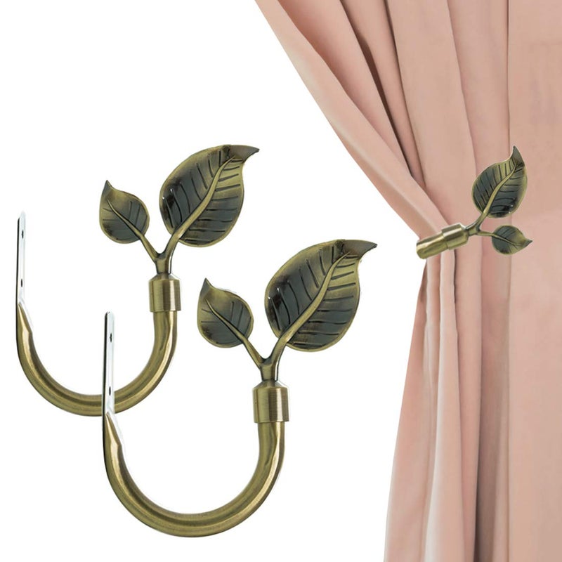 HIKMLK Leaf Shaped Curtain Holdbacks 2pcs Handmade Metal Curtain Side Holders for Wall Antique Brass Curtain Tieback Hook Pull Backs for Drapes Window Home Decoration