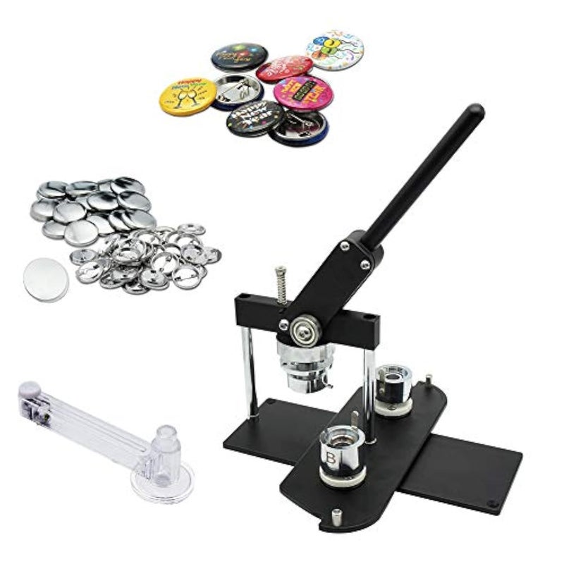 آلة صنع الأزرار ChiButtons Pro 25mm 1 مجموعة B400 كاملة من المعدن مع 500 مجموعة من المكونات وقاطع دائري قابل للتعديل وقوالب للأزرار الصغيرة والشارات المخصصة دائرية سوداء جديدة