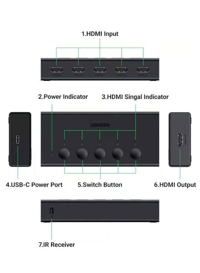 يو جرين مفتاح HDMI 5 في 1 4K 60Hz (CM568) 90512 - أسود - Image 2
