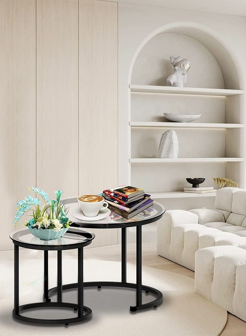 AGD Coffee Table,Glass,Black Nesting  Set of 2, Metal Freme Side End Tables for Living Room Bedroom for Apartment Small Place Modern Industrial Simple - Image 2