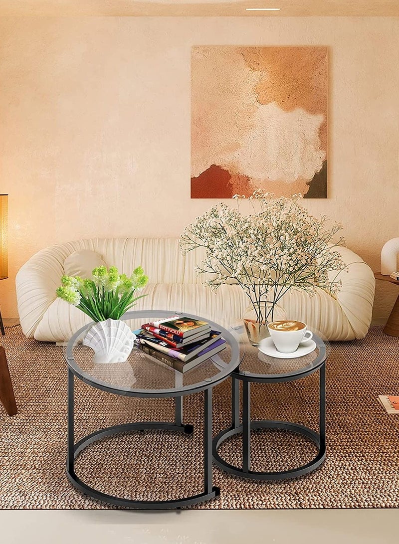 AGD Coffee Table,Glass,Black Nesting  Set of 2, Metal Freme Side End Tables for Living Room Bedroom for Apartment Small Place Modern Industrial Simple - Image 3