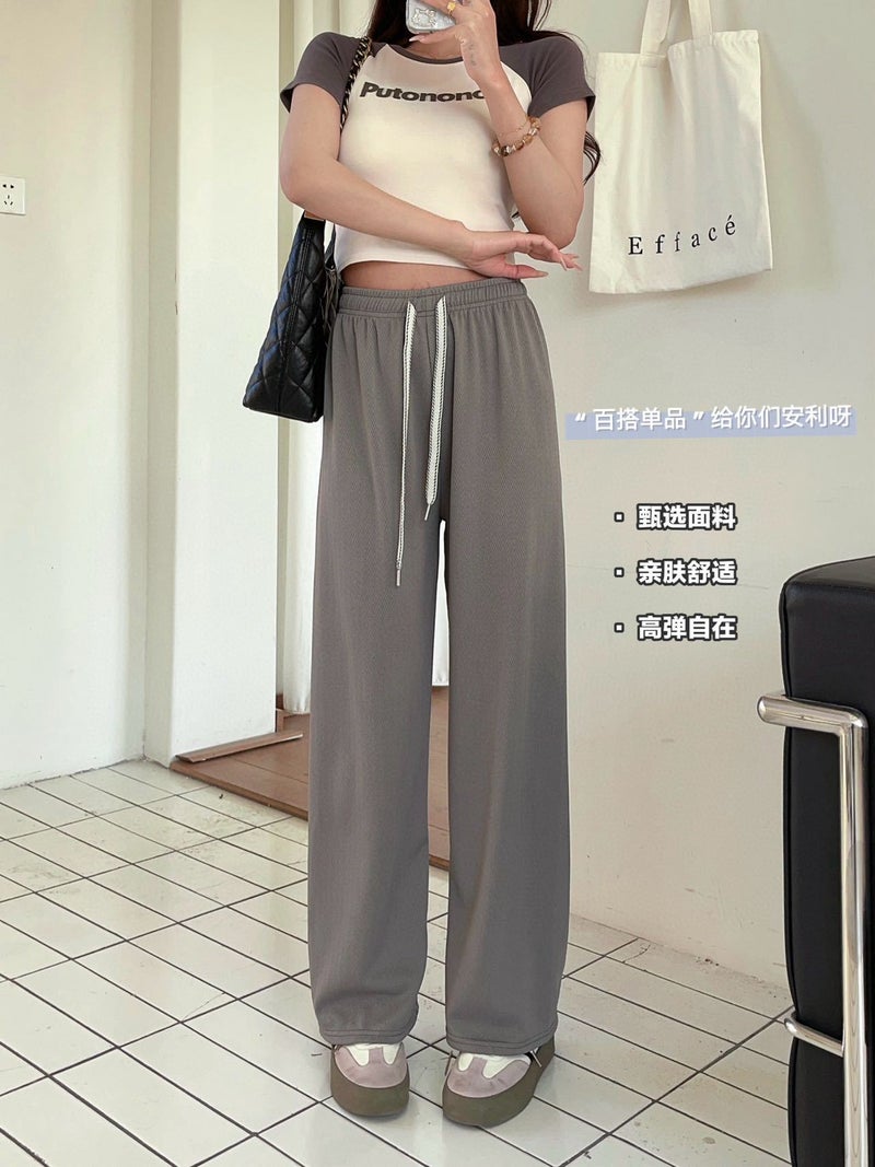 Herringbone Pattern Wide-leg Pants Womens Summer 2025 New High Waist Casual Straight Pants Slim-fit Hangout Long Pants Grey  - Image 1