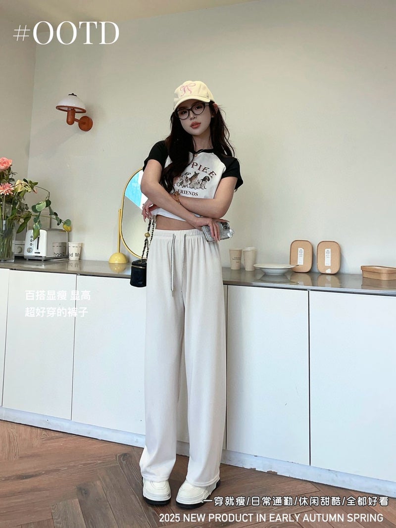 Herringbone Pattern Wide-leg Pants Womens Summer 2025 New High Waist Casual Straight Pants Slim-fit Hangout Long Pants Grey  - Image 4