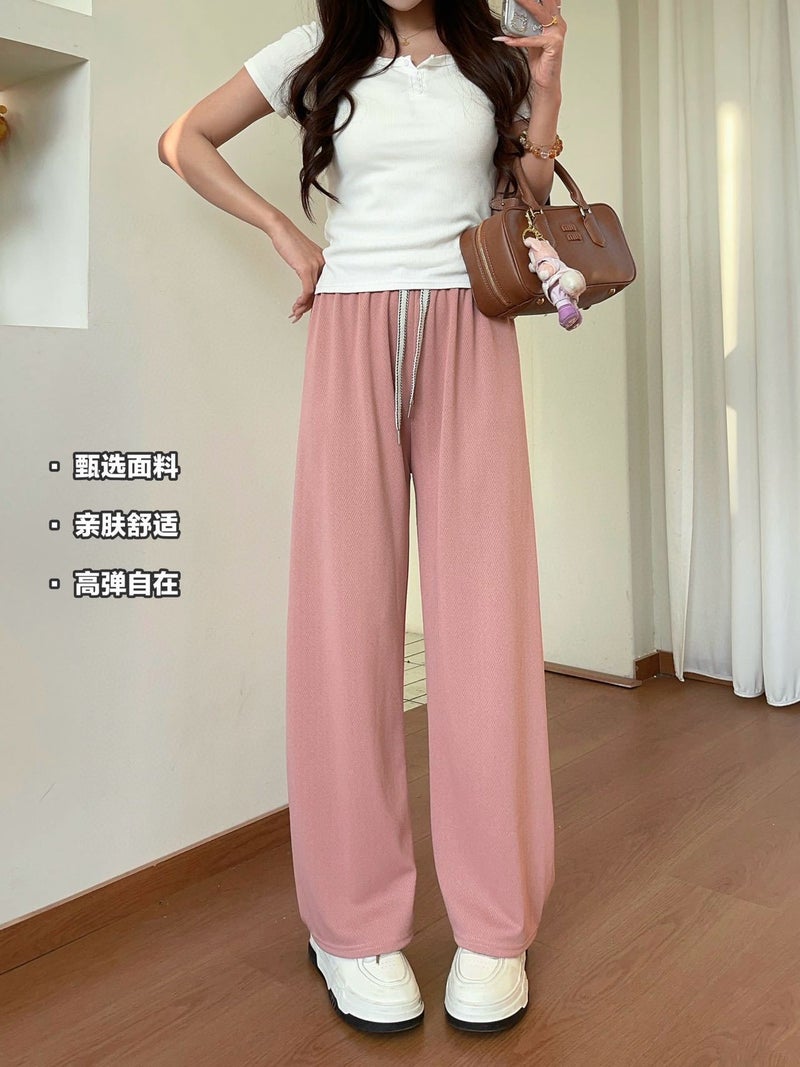 Herringbone Pattern Wide-leg Pants Womens Summer 2025 New High Waist Casual Straight Pants Slim-fit Hangout Long Pants Grey  - Image 2