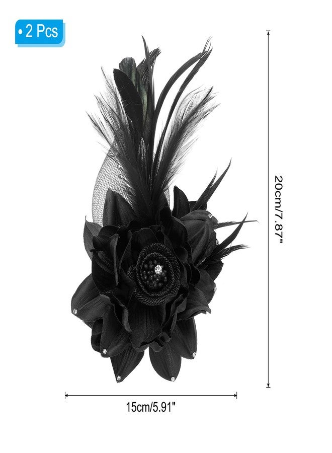 PATIKIL Floral Hair Clip, 2 Pcs Elegant Flower Feather Brooch Pin Hat Silk Wedding Party Dance Banquet Pins Accessories Camellia Charm Lady Dress Suit, Black - Image 2