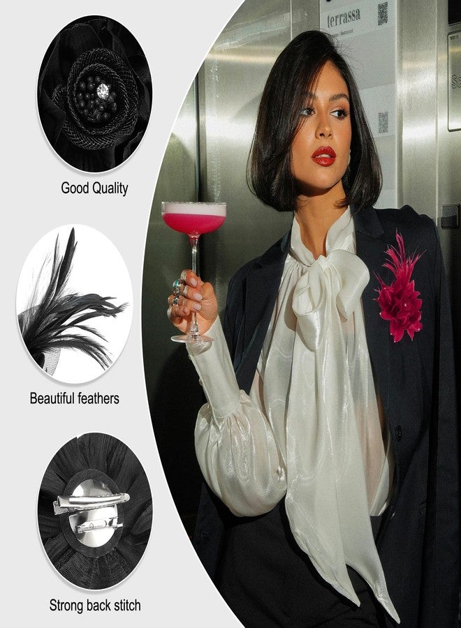 PATIKIL Floral Hair Clip, 2 Pcs Elegant Flower Feather Brooch Pin Hat Silk Wedding Party Dance Banquet Pins Accessories Camellia Charm Lady Dress Suit, Black - Image 3