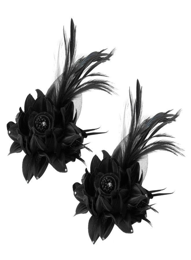 PATIKIL Floral Hair Clip, 2 Pcs Elegant Flower Feather Brooch Pin Hat Silk Wedding Party Dance Banquet Pins Accessories Camellia Charm Lady Dress Suit, Black - Image 1