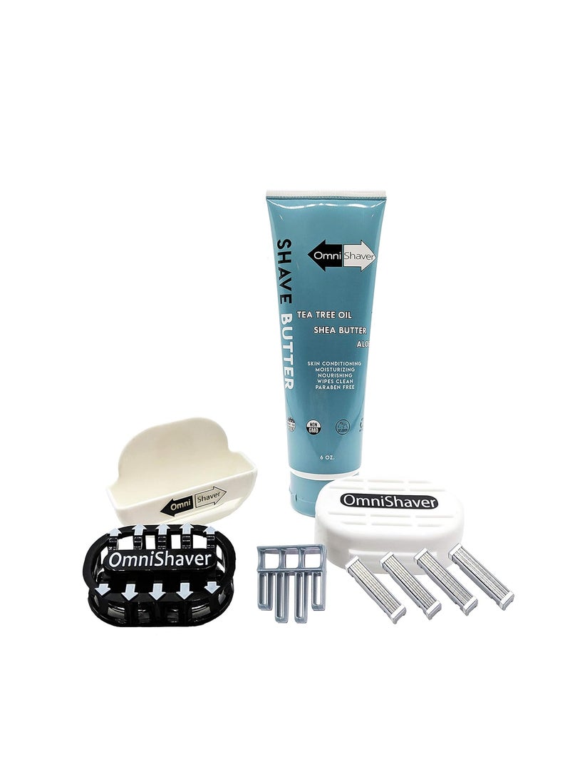 OmniShaver Premium Omnishaver Kit - The Fastest Way to Shave Head, Legs, Arms, Body | An Alternative to Disposable Shaving Razors Self Cleans & Strops During Use with Shave Butter & Replacement Cartridge - White 