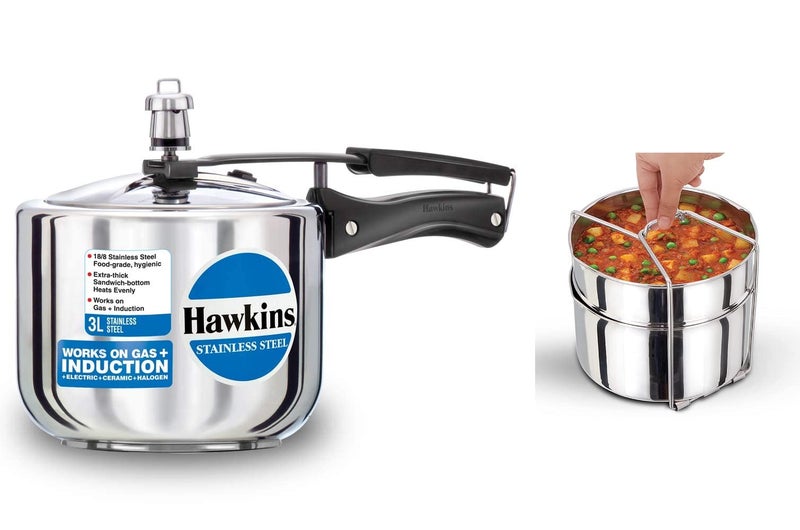 Hawkins Stainless Steel Inner Lid Pressure Cooker, 3 Litres Tall, With Two Dish Set/Separator, 3 Liter - Image 1