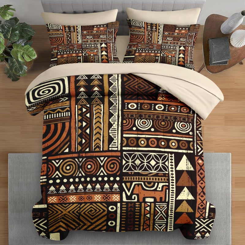 Pamnest Comforter Set Queen Size, Vintage Tribal African 7 Pcs Bedding for Kids and Adults, Brown Abstract Patchwork Bed Sheet Sets with Fitted Sheet 2 Pillowcases & 2 Shams - Image 1