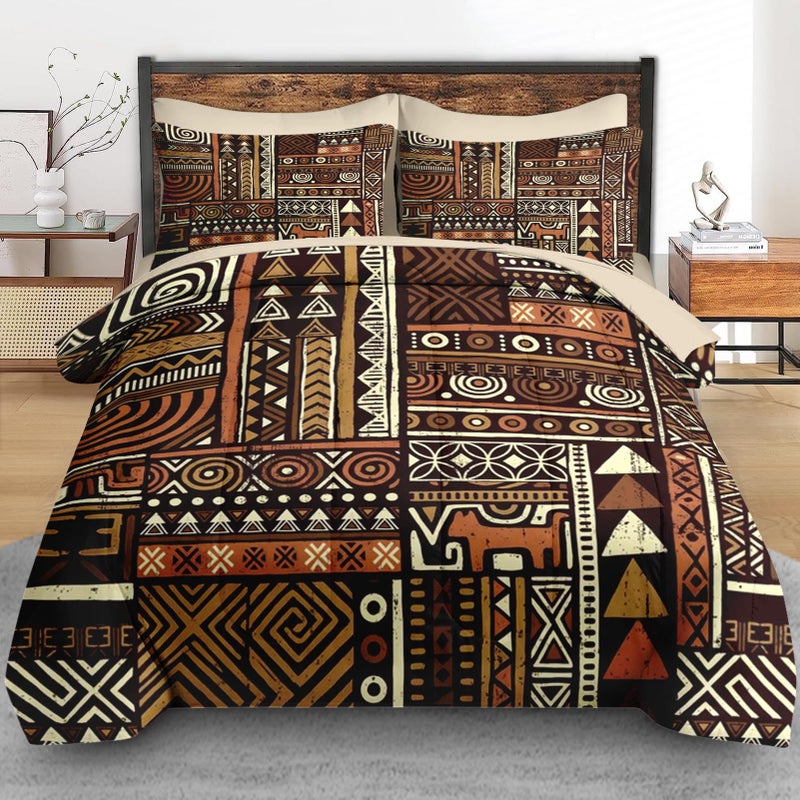 Pamnest Comforter Set Queen Size, Vintage Tribal African 7 Pcs Bedding for Kids and Adults, Brown Abstract Patchwork Bed Sheet Sets with Fitted Sheet 2 Pillowcases & 2 Shams - Image 3
