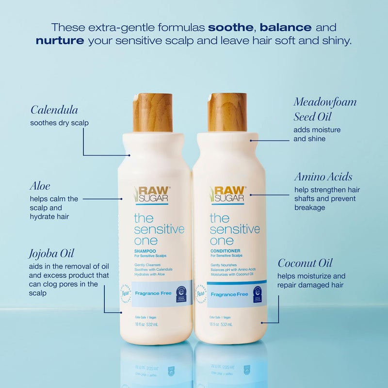 Raw Sugar Shampoo and Conditioner Set, The Sensitive One Hair Care Duo, 18 Fl Oz Each, Gently Cleanses, Soothes & Hydrates with Calendula & Aloe, No Fragrance, Sulfates & Parabens, Vegan - Image 3