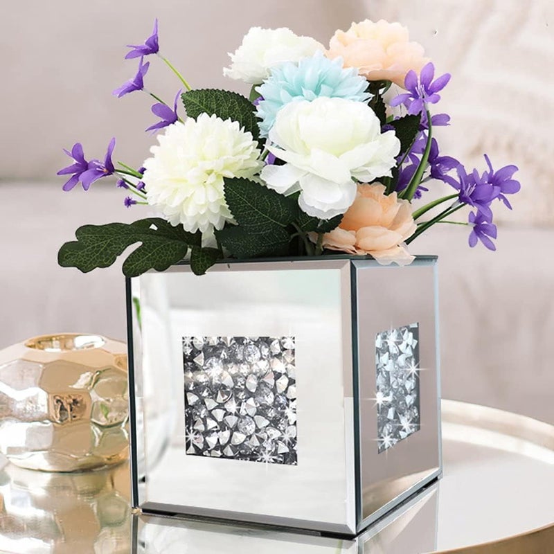 ALLARTONLY Multi-goal comprehensive design Crushed Diamond Mirrored Vase 6x6x6 inch Crystal Silver Glass Stunning Decorative Vase Flower Luxury for Home Decor. Can’t Hold Water. Balanced structure - Image 1