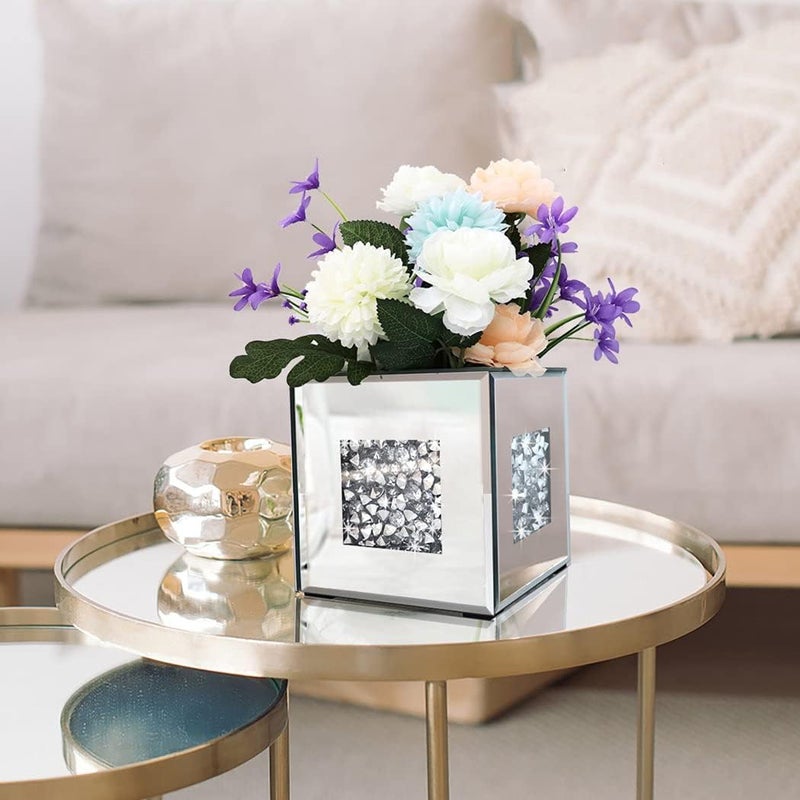 ALLARTONLY Multi-goal comprehensive design Crushed Diamond Mirrored Vase 6x6x6 inch Crystal Silver Glass Stunning Decorative Vase Flower Luxury for Home Decor. Can’t Hold Water. Balanced structure - Image 2