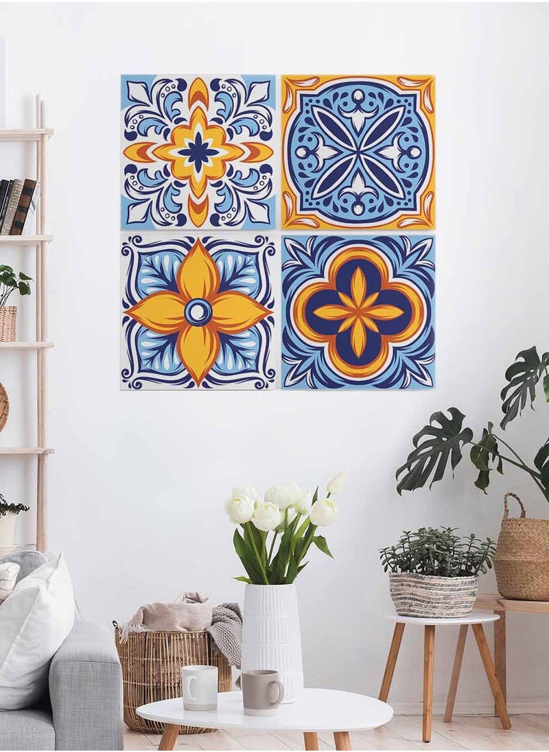 LOWHA Set Of 4 Framed Square Canvas Wall Arts Stretched Over Wooden Frame, Talavera Folk Ornament Painting, For Home, Living Room, Office Decor  - Image 1