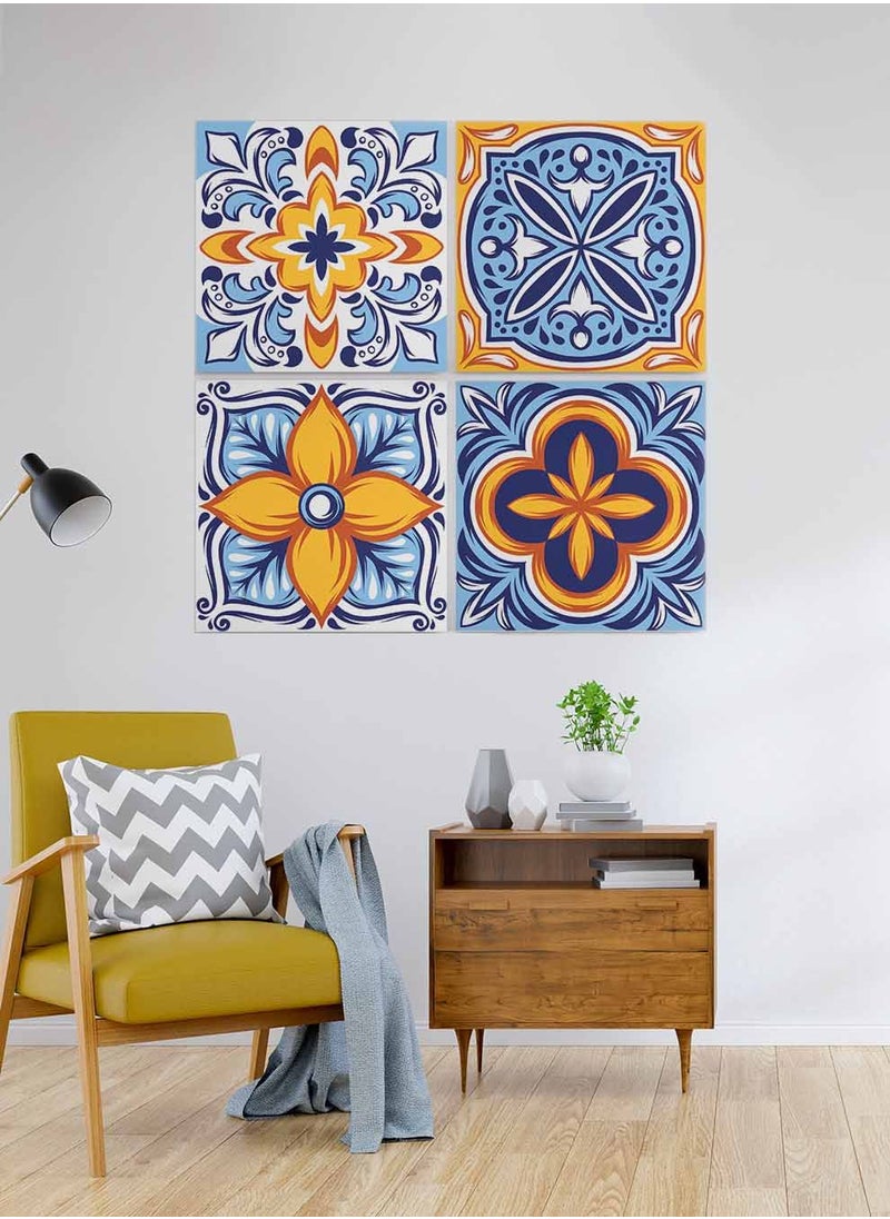 LOWHA Set Of 4 Framed Square Canvas Wall Arts Stretched Over Wooden Frame, Talavera Folk Ornament Painting, For Home, Living Room, Office Decor  - Image 3