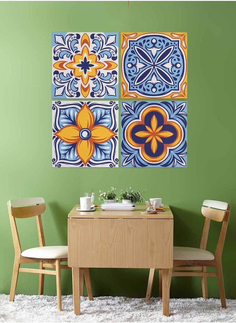 LOWHA Set Of 4 Framed Square Canvas Wall Arts Stretched Over Wooden Frame, Talavera Folk Ornament Painting, For Home, Living Room, Office Decor  - Image 2