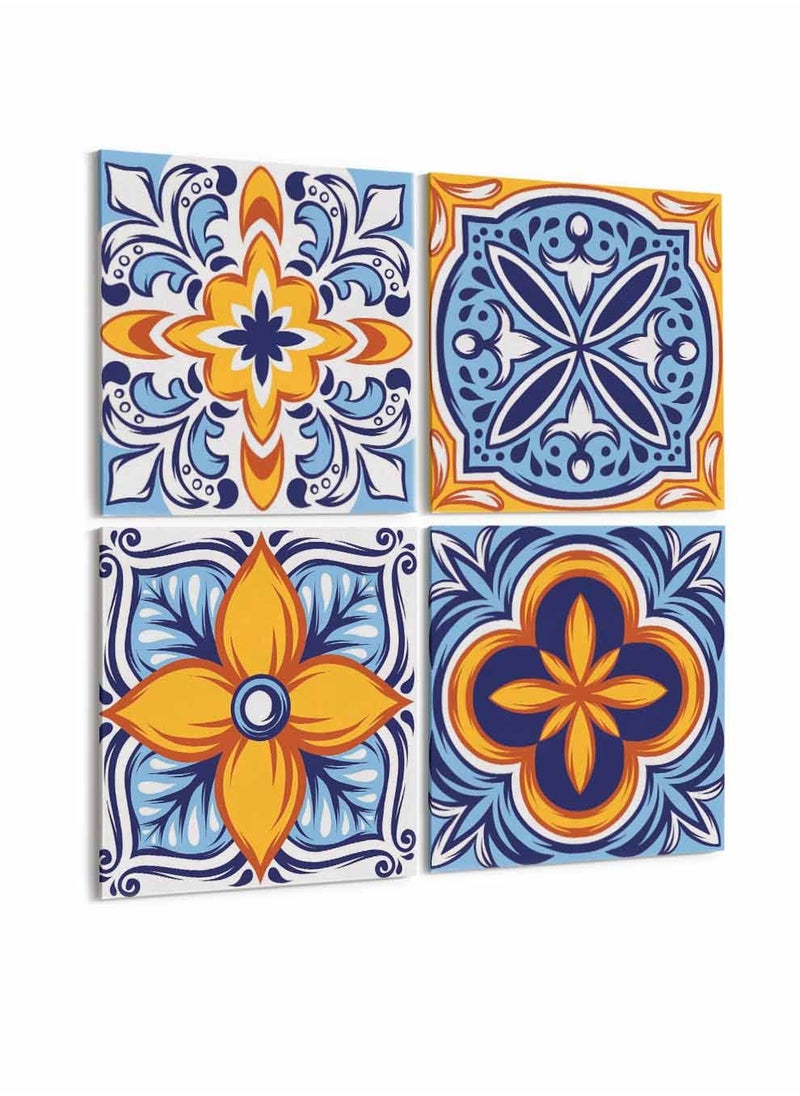 LOWHA Set Of 4 Framed Square Canvas Wall Arts Stretched Over Wooden Frame, Talavera Folk Ornament Painting, For Home, Living Room, Office Decor  - Image 4
