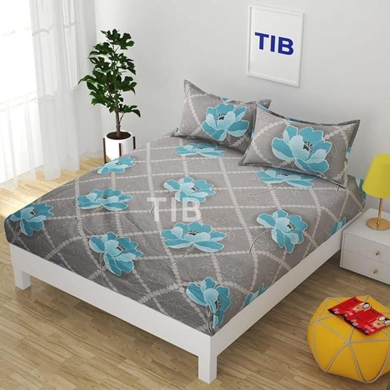 TIB Glace Cotton 78 x 72 Elastic Fitted Bedsheets King Size with 2 Pillow Covers, Pack of 3, Grey - Image 2
