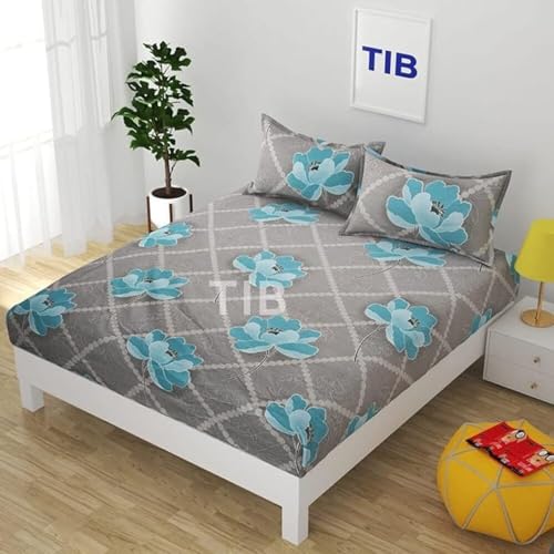 TIB Glace Cotton 78 x 72 Elastic Fitted Bedsheets King Size with 2 Pillow Covers, Pack of 3, Grey - Image 1