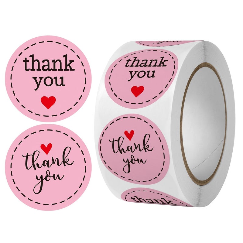 1 Roll Pink Round Heart Thank You Stickers 0.98 Inch Wedding Birthday Decoration - Image 1