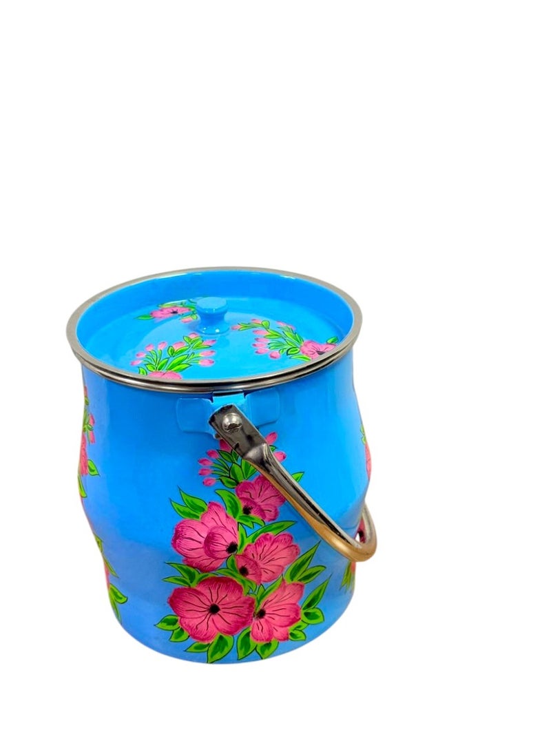 علبة مياه / حليب مزخرفة مرسومة يدويًا بتصميم زهري أزرق – طراز عتيق لديكور المنزل والمطبخ - Image 4