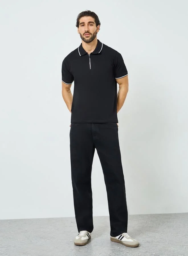 Styli Men Black Zip Up Relaxed Fit Polo