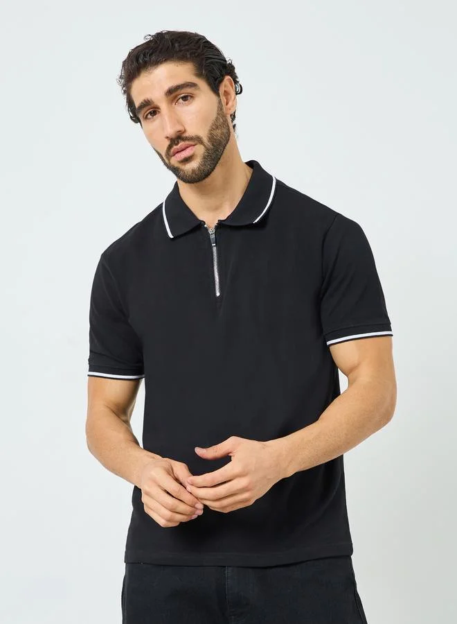 Men Black Zip Up Relaxed Fit Polo