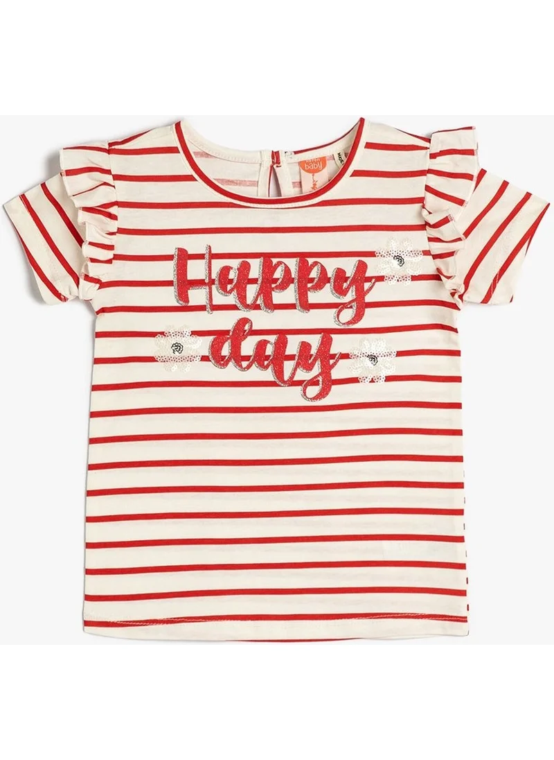 كوتون Baby Girl Ruffled Sequin Embroidered Short Sleeve Striped T-Shirt 3SMG10047AK