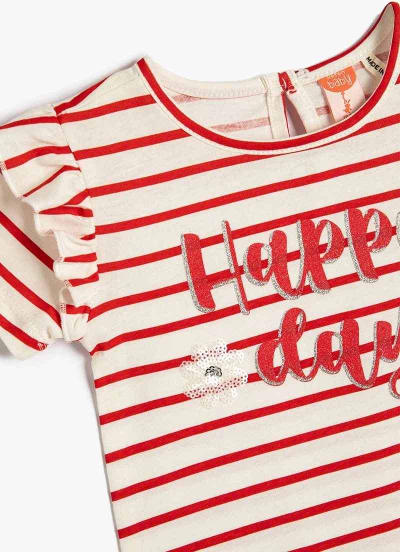 كوتون Baby Girl Ruffled Sequin Embroidered Short Sleeve Striped T-Shirt 3SMG10047AK