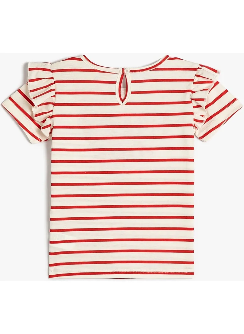 كوتون Baby Girl Ruffled Sequin Embroidered Short Sleeve Striped T-Shirt 3SMG10047AK