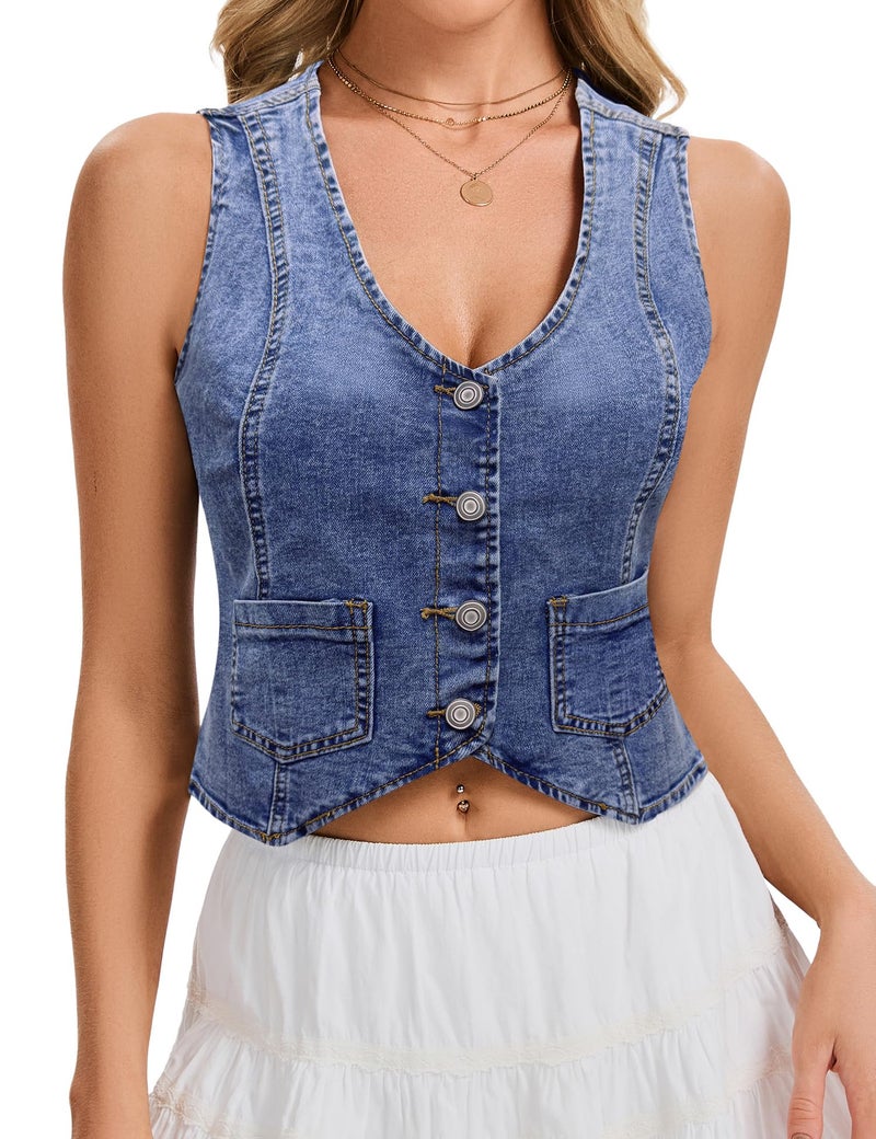 Genhoo Denim Vest Sleeveless Jean Vest Top for Women V Neck Button Down Cropped Denim Top with Pockets - Image 1