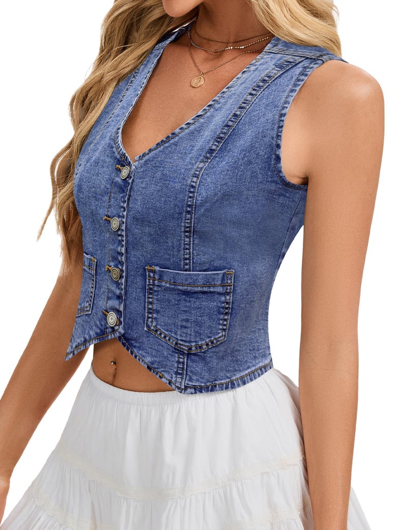 Genhoo Denim Vest Sleeveless Jean Vest Top for Women V Neck Button Down Cropped Denim Top with Pockets - Image 4