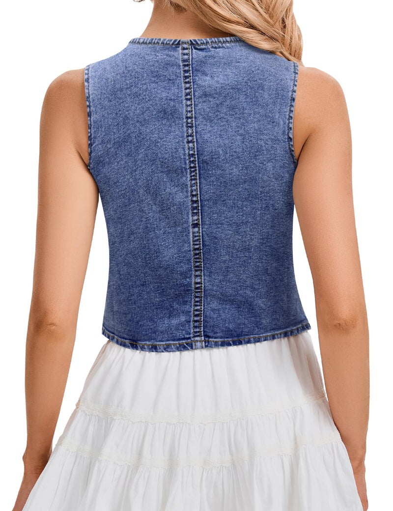 Genhoo Denim Vest Sleeveless Jean Vest Top for Women V Neck Button Down Cropped Denim Top with Pockets - Image 5