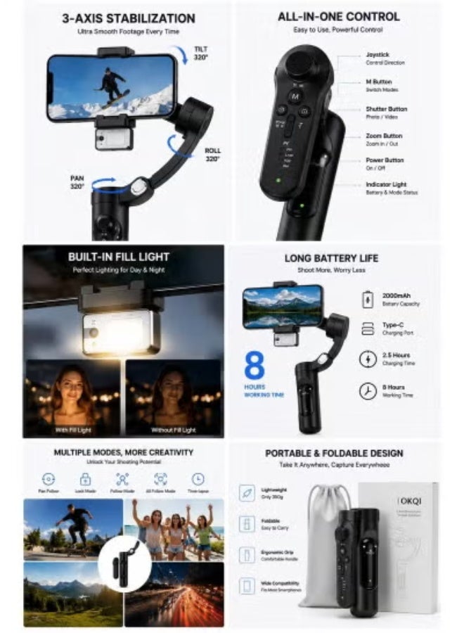 Gulf Trend M3 AI 3-Axis Foldable Smartphone Gimbal Stabilizer with Magnetic Remote, Handheld Phone Holder for Smooth Video Recording, Vlogging, Live Streaming, Reels, Photography & Content Creation - Image 5