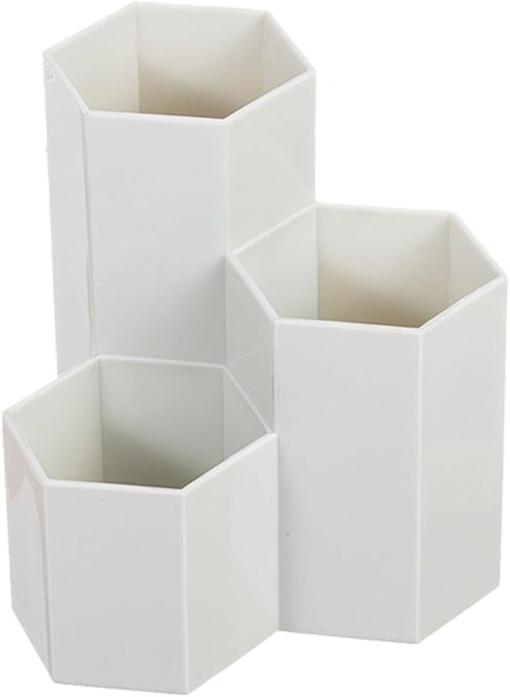 chrome 3 Compartments Hexa Hexagon Shape Plastic Pen Stand, Pencil Holder, for Office Work Desk - Image 1