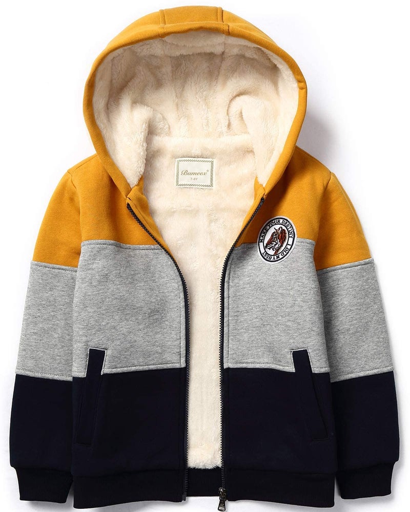 Bumeex Boys Sherpa Fleece lined Jacket,Yellow Spring Fall Winter Warm Sweatshirt Hoodie Size 8-9 Years - Image 1