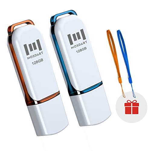 MOSDART 128GB USB 2.0 Flash Drive, with LED Light and Lanyards, exFAT Memory Stick for Computers, System Backup, Data Storage, Orange and Blue(Pack of 2) - Image 1