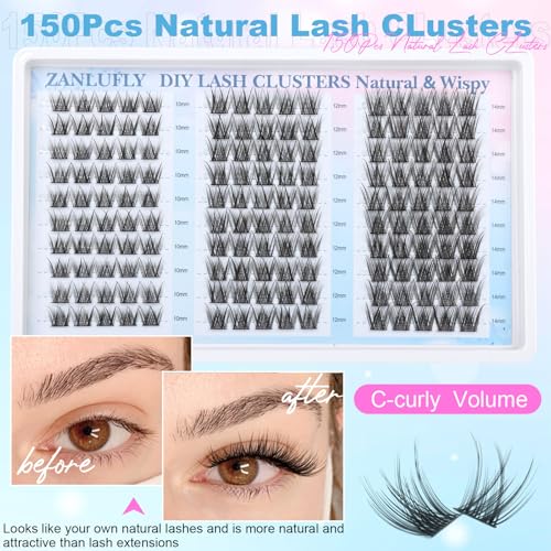 zanlufly Lash Clusters Wispy Eyelash Clusters Natural C-Curly Cluster Lashes zanlufly Wispy Individual Lashes 150Pcs Eyelash Extension 10 12 14MM DIY Lash Extensional Lash Clusters - Image 5