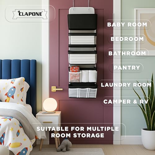 CLAPONE Over the Door Organizer/Large Pockets – Anti-Tilt Hanging Storage for Bedroom/Closet Door Storage/Bathroom/Pantry/Nursery/Bedroom (Black, 5 Shelf Hanging Door) - Image 4