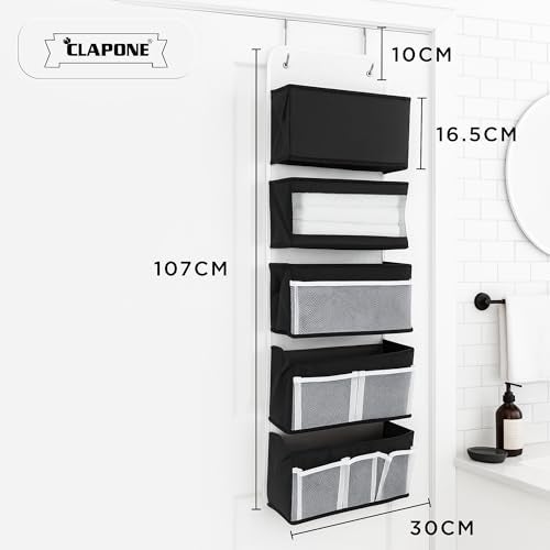CLAPONE Over the Door Organizer/Large Pockets – Anti-Tilt Hanging Storage for Bedroom/Closet Door Storage/Bathroom/Pantry/Nursery/Bedroom (Black, 5 Shelf Hanging Door) - Image 2