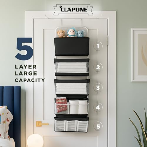 CLAPONE Over the Door Organizer/Large Pockets – Anti-Tilt Hanging Storage for Bedroom/Closet Door Storage/Bathroom/Pantry/Nursery/Bedroom (Black, 5 Shelf Hanging Door) - Image 3