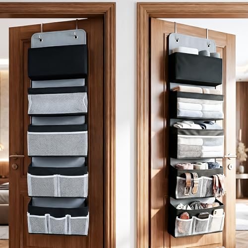 CLAPONE Over the Door Organizer/Large Pockets – Anti-Tilt Hanging Storage for Bedroom/Closet Door Storage/Bathroom/Pantry/Nursery/Bedroom (Black, 5 Shelf Hanging Door) - Image 1
