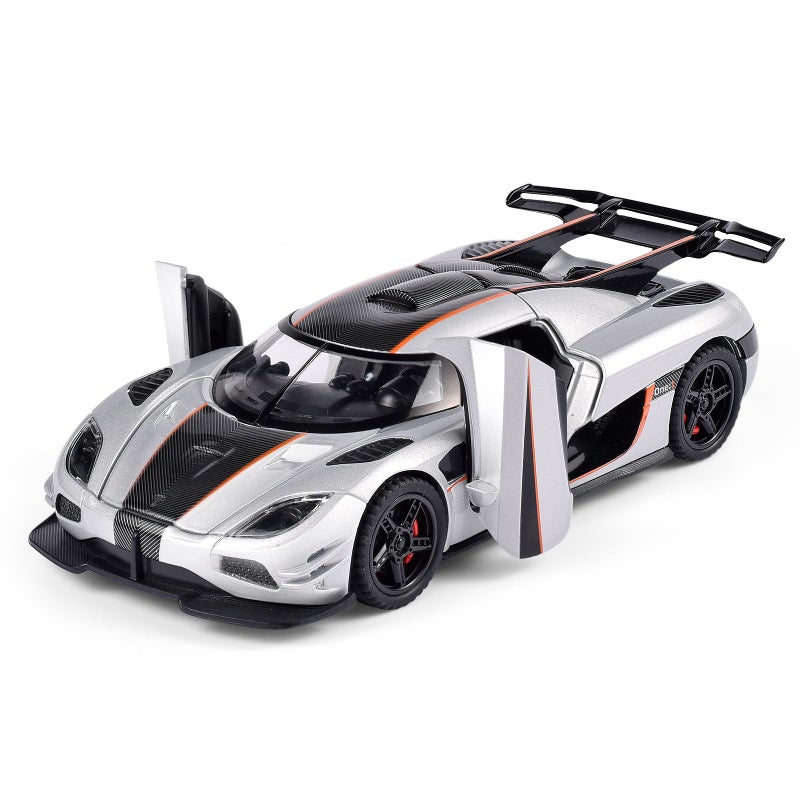 FLYKIRIN Toy Cars 132 Scale Koenigsegg One Diecast CarsCar Models with Light Sound and Pull BackCar Toys Birthday Gifts for Boys and Boyfriends Silvery - Image 3